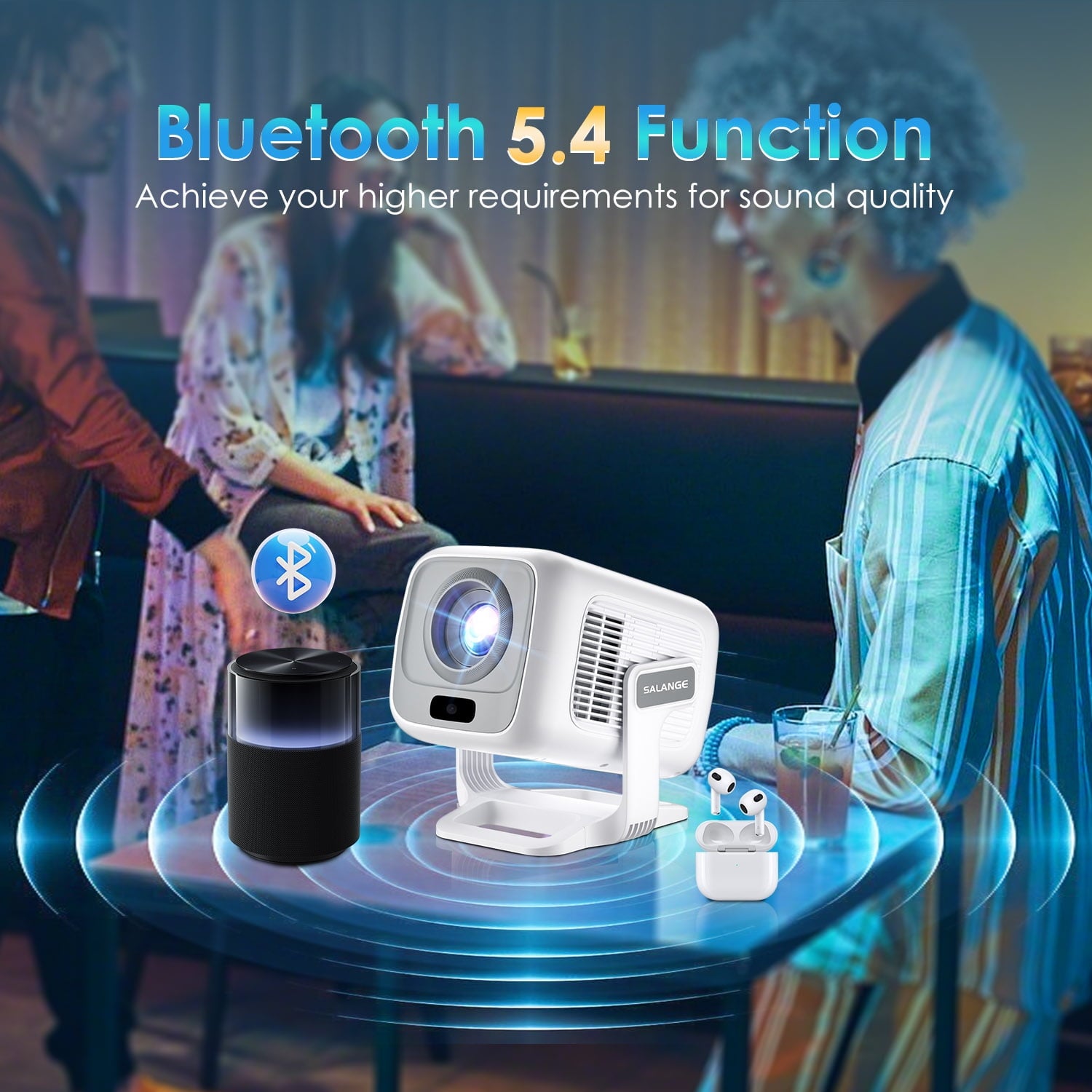 Smart Projector with Wifi and Bluetooth 5.4, 1080P Native Auto Focus Keystone, 4K Supported, Built-In Apps, Short Throw for Home Indoor Outdoor