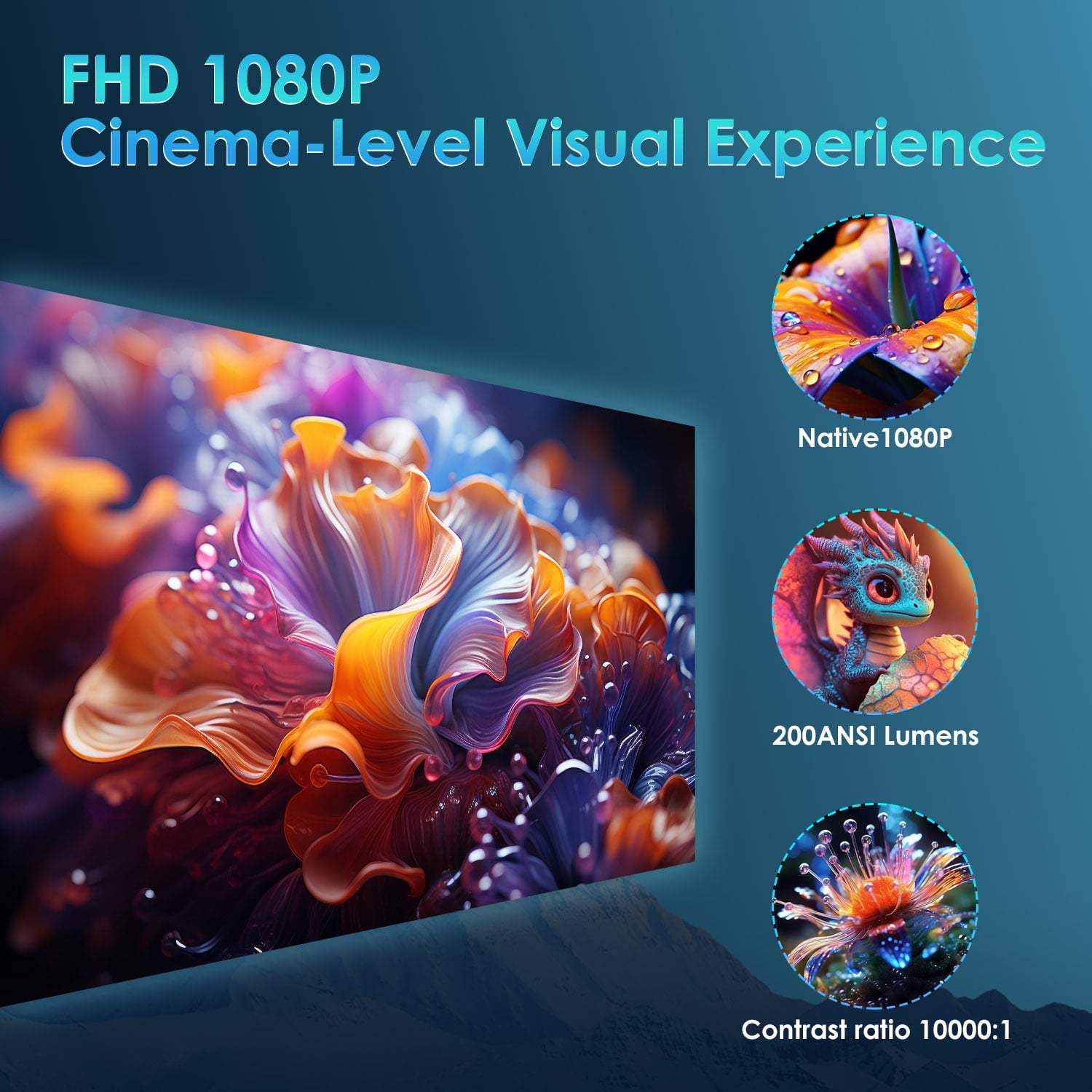 Smart Projector with Wifi and Bluetooth 5.4, 1080P Native Auto Focus Keystone, 4K Supported, Built-In Apps, Short Throw for Home Indoor Outdoor