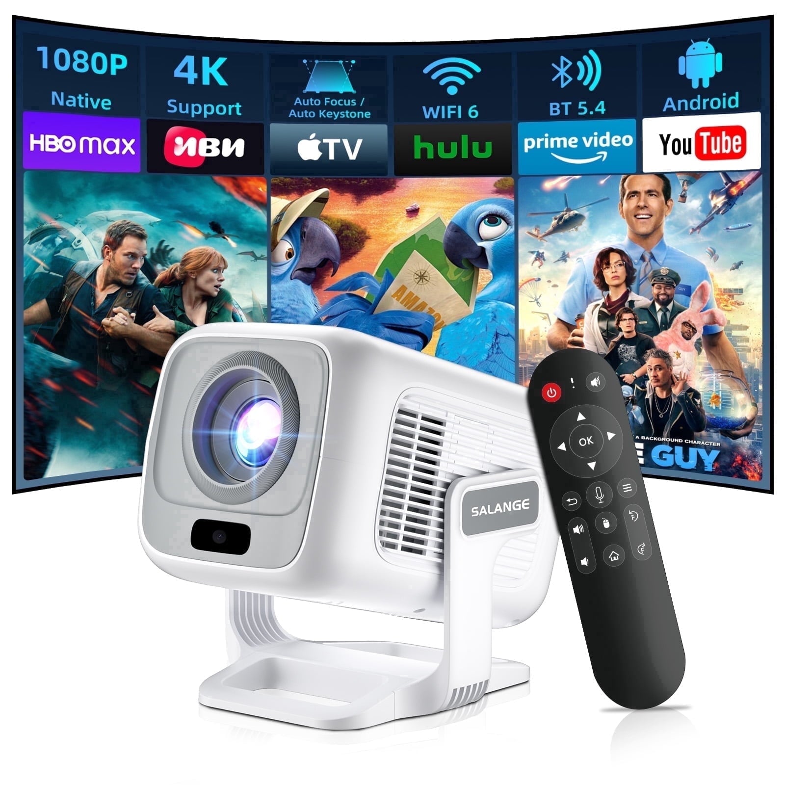 Smart Projector with Wifi and Bluetooth 5.4, 1080P Native Auto Focus Keystone, 4K Supported, Built-In Apps, Short Throw for Home Indoor Outdoor