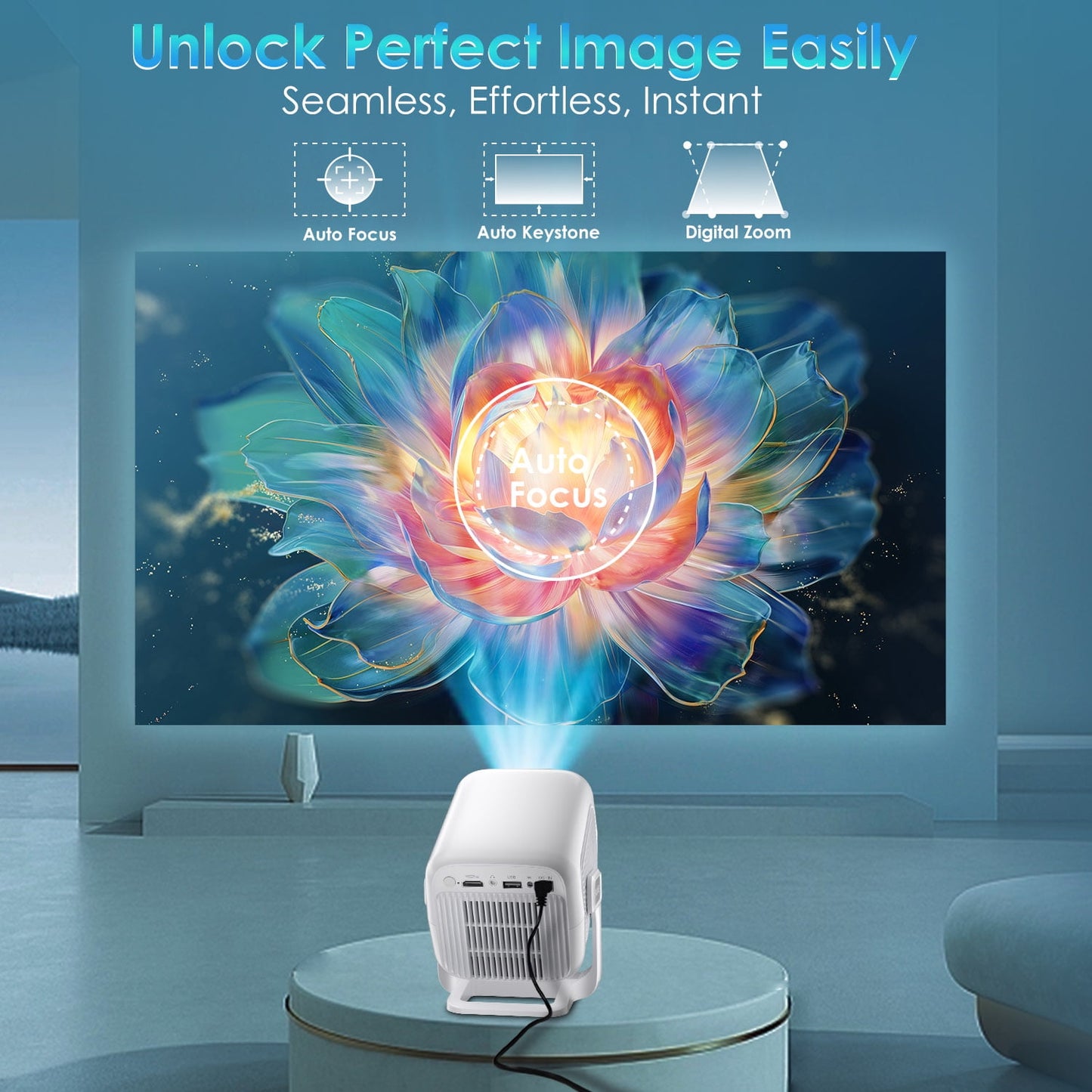 Smart Projector with Wifi and Bluetooth 5.4, 1080P Native Auto Focus Keystone, 4K Supported, Built-In Apps, Short Throw for Home Indoor Outdoor